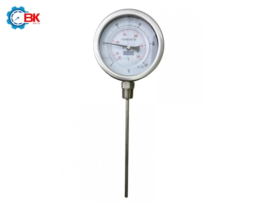 Đồng hồ nhiệt độ Yamaki D100mm 0-150 độ C/F chân đứng L200mm