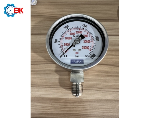 Đồng hồ áp suất Yamaki D100mm 0-2500bar Inox316SS toàn bộ chân đứng ren 1/2"BSP