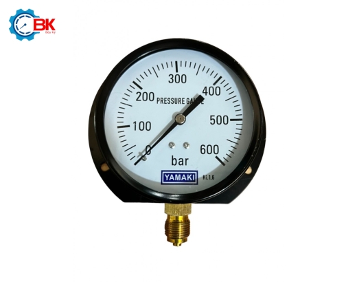 Đồng hồ áp suất hơi D100mm 0-600bar vỏ thép đen chân đồng 3/8″BSP