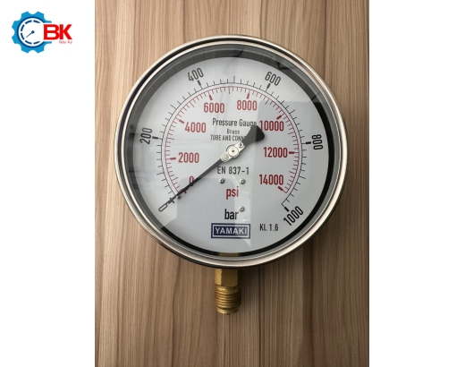 ĐỒNG HỒ ÁP SUẤT YAMAKI D160MM 0-1000BAR VỎ INOX CHÂN ĐỒNG CHÂN ĐỨNG 1/2″BSP
