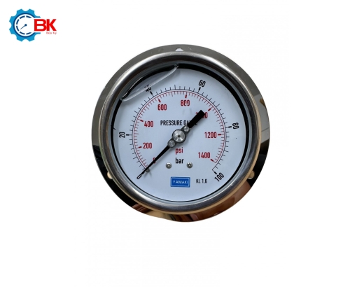 Đồng hồ áp suất Yamaki D100mm 0-100bar vỏ inox chân đồng chân sau 3/8″BSP