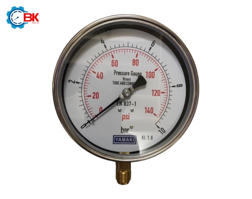 Đồng hồ áp suất Yamaki D160mm 0-10bar vỏ inox chân đồng chân đứng 1/2″BSP