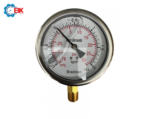 Đồng hồ áp suất Bradoten D100mm -1+2kg/cm2 chân đứng ren 3/8″NPT