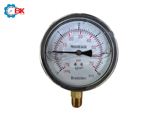 Đồng hồ áp suất Bradoten D100mm -1+5kg/cm2 chân đứng ren 3/8″NPT