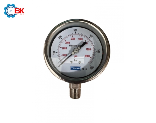Đồng hồ áp suất Yamaki D100mm 0-600bar Inox304 toàn bộ chân đứng ren 1/2"NPT