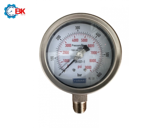 Đồng hồ áp suất Yamaki D100mm 0-600bar Inox316SS toàn bộ chân đứng ren 1/2"NPT