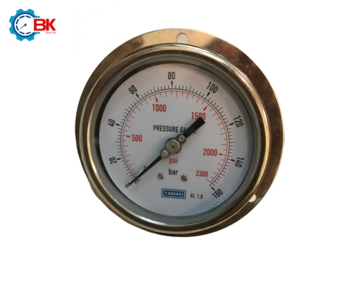 Đồng hồ áp suất Yamaki D100mm 0-160bar vỏ inox chân đồng chân sau 3/8″BSP