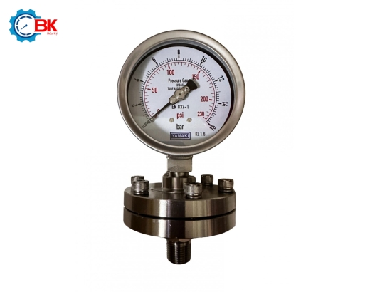 Đồng hồ áp suất màng Yamaki D100mm 0-16bar inox 316SS ren 1/2"NPT