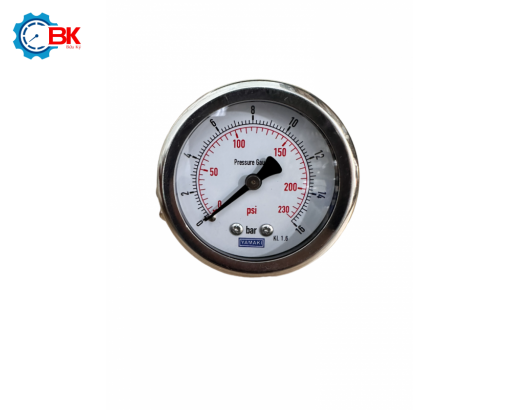  Đồng hồ áp suất D50mm 0-16bar vỏ inox chân đồng chân sau 1/4"NPT