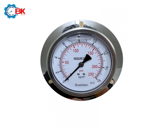 Đồng hồ áp suất Bradoten D100mm 0-16kg/cm2 chân sau ren 3/8″NPT