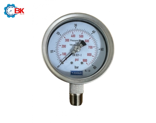 Đồng hồ áp suất Yamaki D100mm 0-60bar Inox316SS toàn bộ chân đứng ren 1/2"NPT