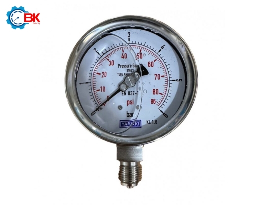 Đồng hồ áp suất Yamaki D100mm 0-6bar Inox316SS toàn bộ chân đứng ren 1/2″BSP