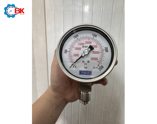 Đồng hồ áp suất Yamaki D100mm 0-2500bar Inox316SS toàn bộ chân đứng ren 1/2"BSP