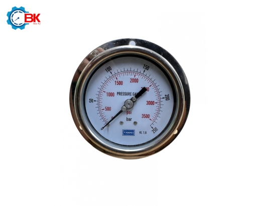 Đồng hồ áp suất Yamaki D100mm 0-250bar vỏ inox chân đồng chân sau 3/8″BSP