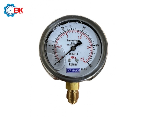 Đồng hồ áp suất Yamaki D75mm 0-25kg/cm2 vỏ inox chân đồng ren 3/8″BSP