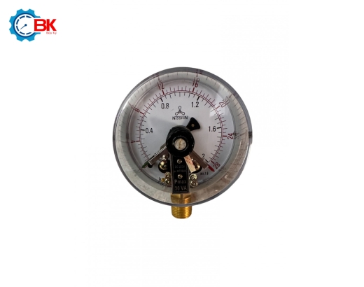 Đồng hồ áp suất 3 kim Nisshin D100mm 0-2kg/cm2 chân đứng ren 1/2″NPT