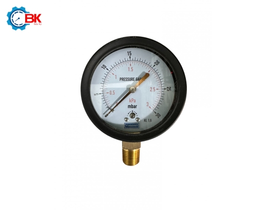 Đồng hồ áp suất thấp Yamaki D100mm 0-30mbar vỏ thép ren đồng 1/2"NPT