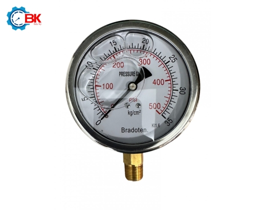 Đồng hồ áp suất Bradoten D100mm 0-35kg/cm2 chân đứng ren 3/8″NPT