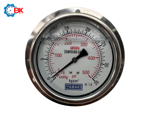 Đồng hồ áp suất NH3 Yamaki D100mm -1+35kg/cm2 chân sau inox toàn bộ ren 3/8"NPT