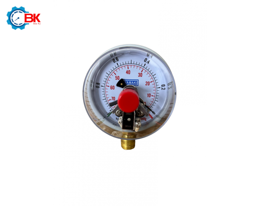 Đồng hồ áp suất 3 kim Yamaki D100mm -1-0kg/cm2 chân đứng ren 1/2″NPT