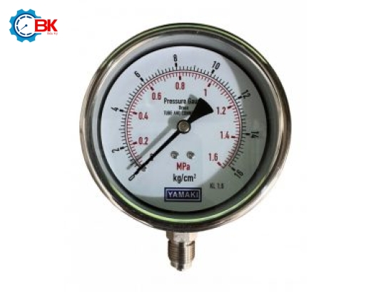 Đồng hồ áp suất Yamaki D100mm 0-16kg/cm2 Inox304 chân đứng ren 3/8″BSP