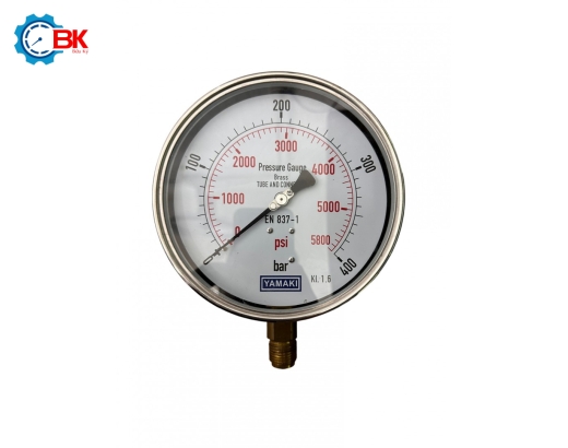 Đồng hồ áp suất Yamaki D160mm 0-400bar vỏ inox chân đồng chân đứng 1/2″BSP