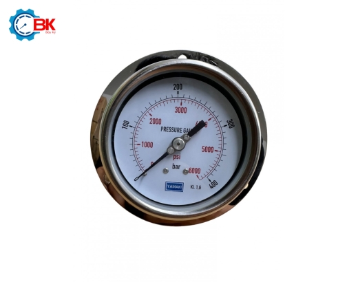 Đồng hồ áp suất Yamaki D100mm 0-400bar vỏ inox chân đồng chân sau 3/8″BSP