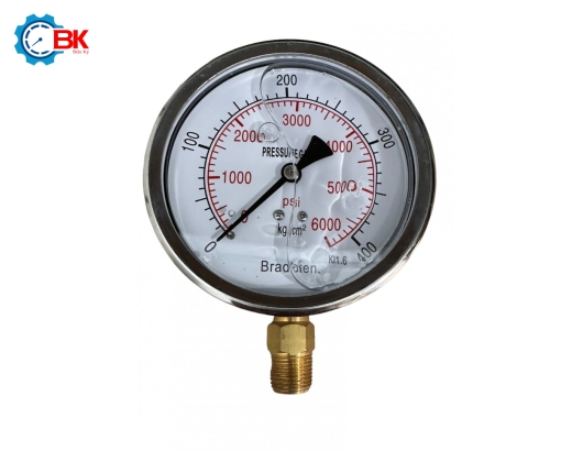 Đồng hồ áp suất Bradoten D100mm 0-400kg/cm2 chân đứng ren 3/8″NPT