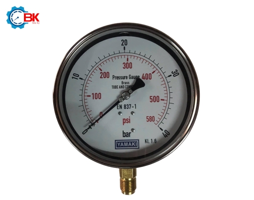 Đồng hồ áp suất Yamaki D160mm 0-40bar vỏ inox chân đồng chân đứng 1/2″BSP