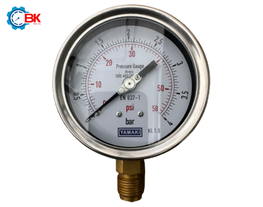 ĐỒNG HỒ ÁP SUẤT YAMAKI D100MM 0-4BAR VỎ INOX CHÂN ĐỒNG CHÂN ĐỨNG 1/2″BSP