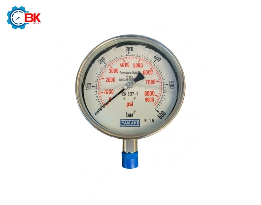 Đồng hồ áp suất Yamaki D160mm 0-600bar vỏ inox chân đồng chân đứng 1/2″BSP