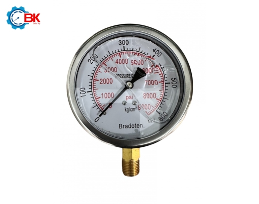 Đồng hồ áp suất Bradoten D100mm 0-600kg/cm2 chân đứng ren 3/8″NPT