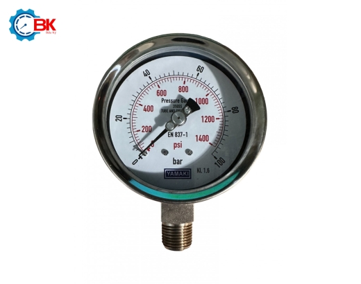 Đồng hồ áp suất Yamaki D100mm 0-100bar Inox316SS toàn bộ chân đứng ren 1/2"NPT