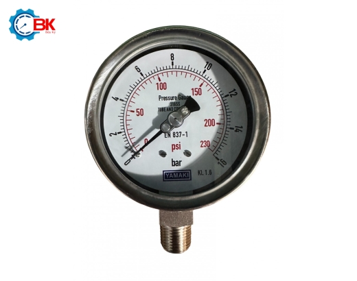 Đồng hồ áp suất Yamaki D100mm 0-16bar Inox316SS toàn bộ chân đứng ren 1/2"NPT