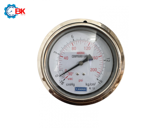 Đồng hồ áp suất NH3 Yamaki D100mm -1+15kg/cm2 chân sau inox toàn bộ ren 3/8"NPT