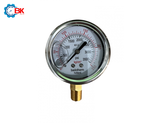 Đồng hồ áp suất Badotherm D63mm 0-250kg/cm2 chân đứng ren 1/4″NPT
