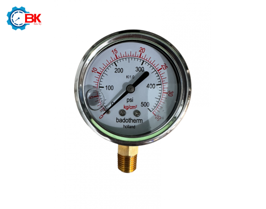 Đồng hồ áp suất Badotherm D63mm 0-35kg/cm2 chân đứng ren 1/4″NPT