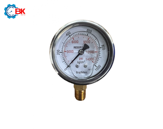 Đồng hồ áp suất Bradoten D63mm 0-1000kg/cm2 chân đứng ren 1/4″NPT
