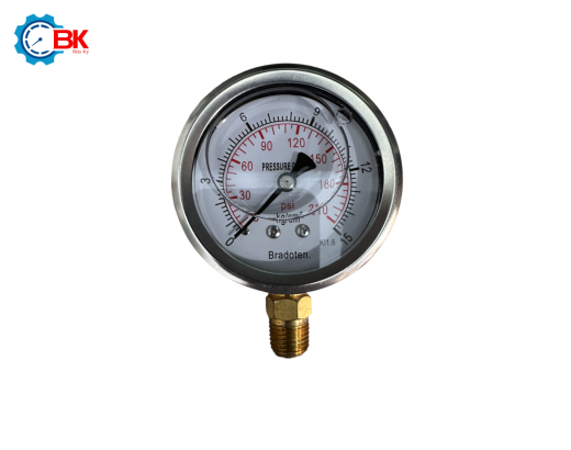 Đồng hồ áp suất Bradoten D63mm 0-15kg/cm2 chân đứng ren 1/4″NPT