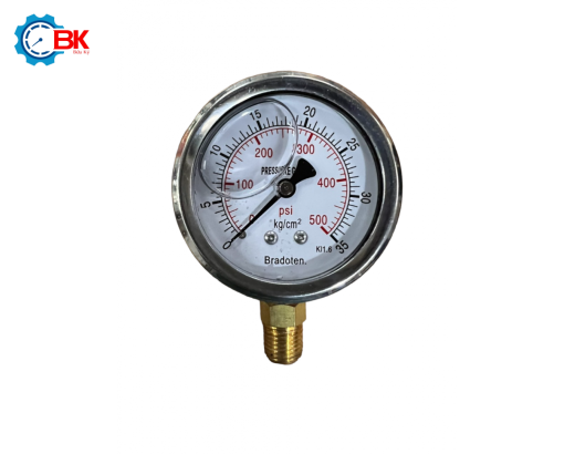 Đồng hồ áp suất Bradoten D63mm 0-35kg/cm2 chân đứng ren 1/4″NPT