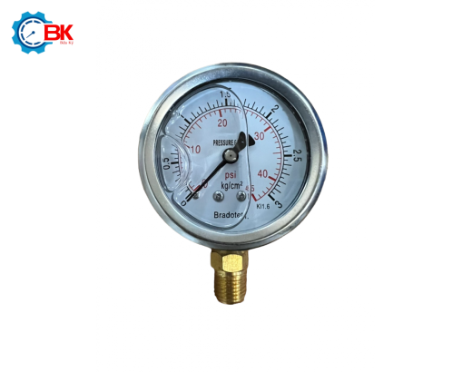 Đồng hồ áp suất Bradoten D63mm 0-3kg/cm2 chân đứng ren 1/4″NPT