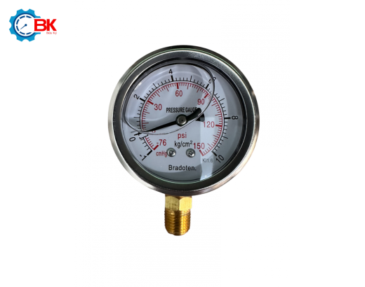 Đồng hồ áp suất Bradoten D63mm -1+10kg/cm2 chân đứng ren 1/4″NPT