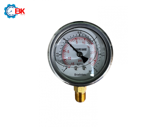 Đồng hồ áp suất Bradoten D63mm -1+2kg/cm2 chân đứng ren 1/4″NPT