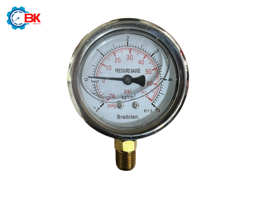 Đồng hồ áp suất Bradoten D63mm -1+5kg/cm2 chân đứng ren 1/4″NPT