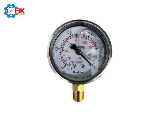 Đồng hồ áp suất Bradoten D63mm -1-0kg/cm2 chân đứng ren 1/4″NPT