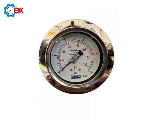 Đồng hồ áp suất Yamaki D100mm 0-10bar Inox316SS toàn bộ chân sau ren 1/2"NPT