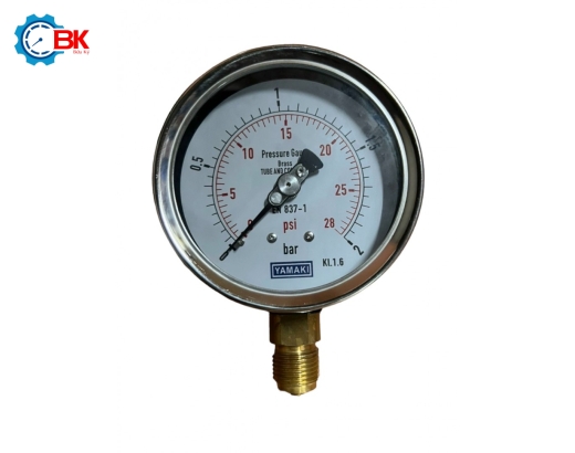 Đồng hồ áp suất Yamaki D100mm 0-2bar vỏ inox chân đồng chân đứng 1/2″BSP