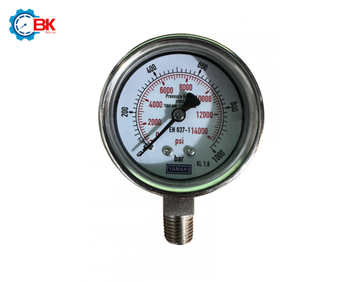 Đồng hồ áp suất Yamaki D63mm 0-1000bar Inox316SS toàn bộ chân đứng ren 1/4"NPT