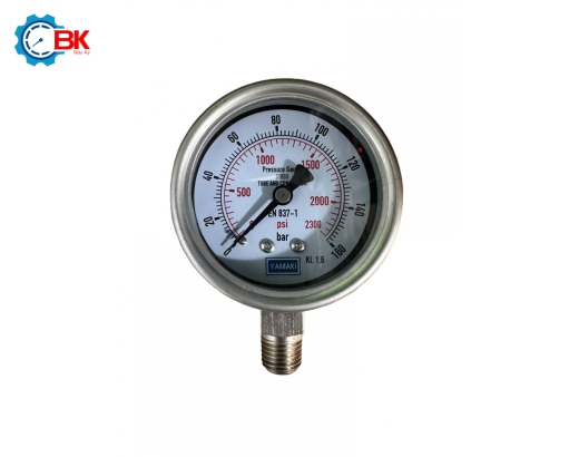 Đồng hồ áp suất Yamaki D63mm 0-160bar Inox316SS toàn bộ chân đứng ren 1/4"NPT