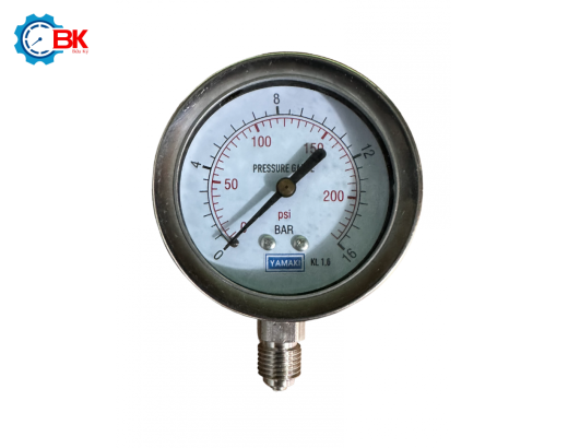 Đồng hồ áp suất Yamaki D63mm 0-16bar Inox304 toàn bộ chân đứng ren 1/4"BSP